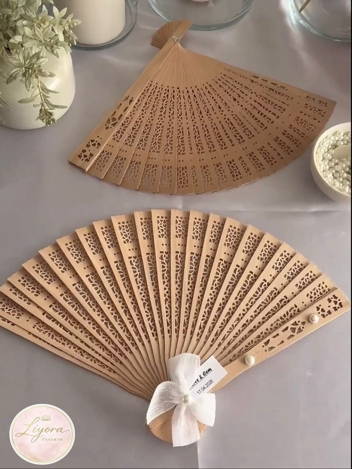 İsim Kartlı ve Fiyonklu İncili Hediyelik Yelpaze ✨